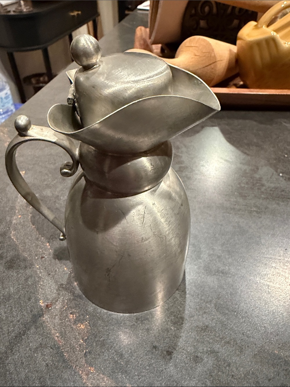 Vintage Pewter Pitcher - Sculpted Curved Spout